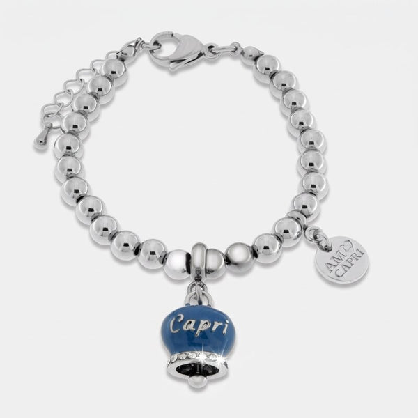 Bracciale in Acciaio con campanella blu con scritta Capri - BYSIMON gioielli