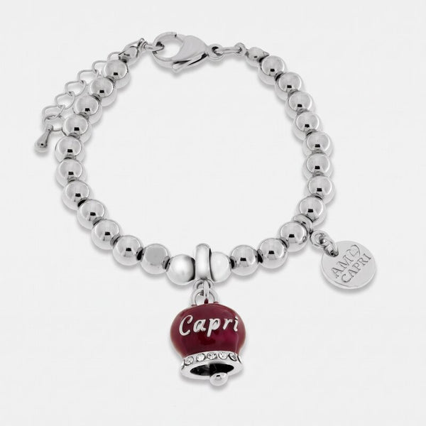 Bracciale in Acciaio a perline con campanella borgogna con scritta Capri - BYSIMON gioielli
