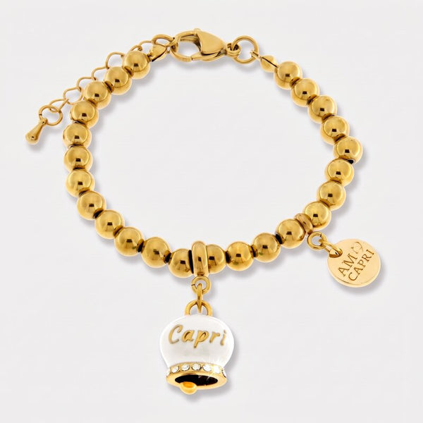 Bracciale in Acciaio con campanella bianca e oro con scritta Capri | gioielli in acciaio | BYSIMON