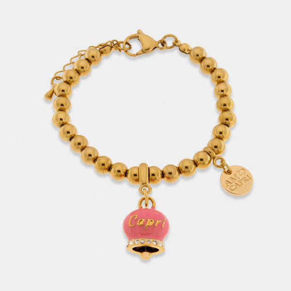 Bracciale in Acciaio con campanella rosa con scritta Capri - BYSIMON gioielli