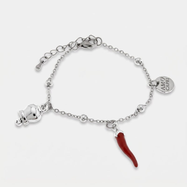 Bracciale in acciaio con cornetto rosso portafortuna e campanella | bracciale cornetto portafortuna | BYSIMON