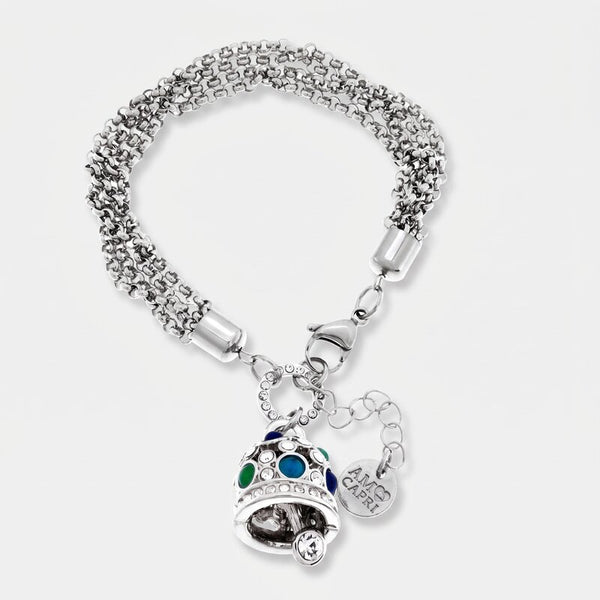 Bracciale in Acciaio Inossidabile campana pendente con cristalli azzurri e bianchi | gioielli in acciaio inossidabile | BYSIMON