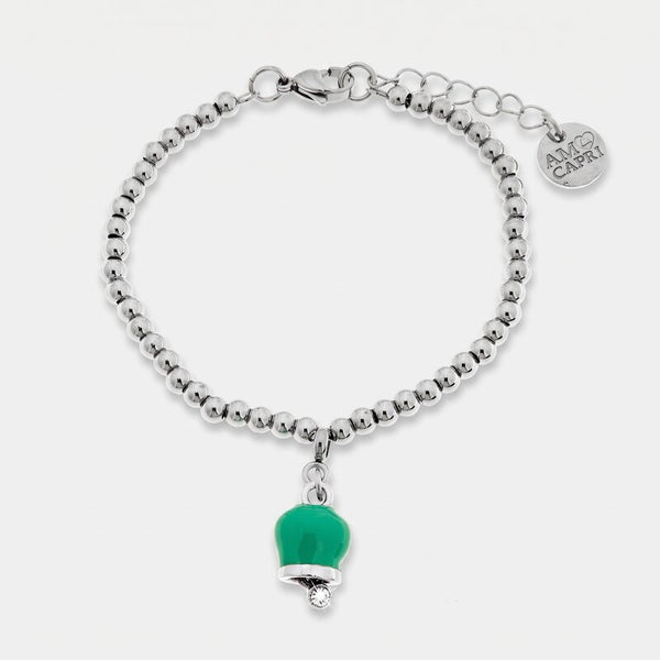 Bracciale in Acciaio maglia a sfere con campanella portafortuna verde acqua - BYSIMON gioielli