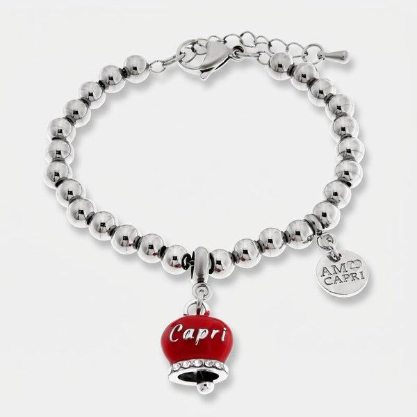 Bracciale in Acciaio campanella rossa con scritta Capri e zirconi - BYSIMON gioielli