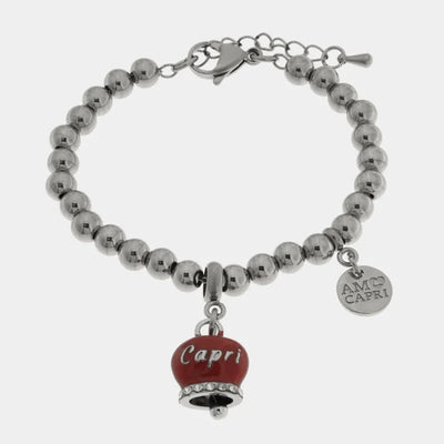 Bracciale in Acciaio campanella rossa con scritta Capri e zirconi - BYSIMON gioielli