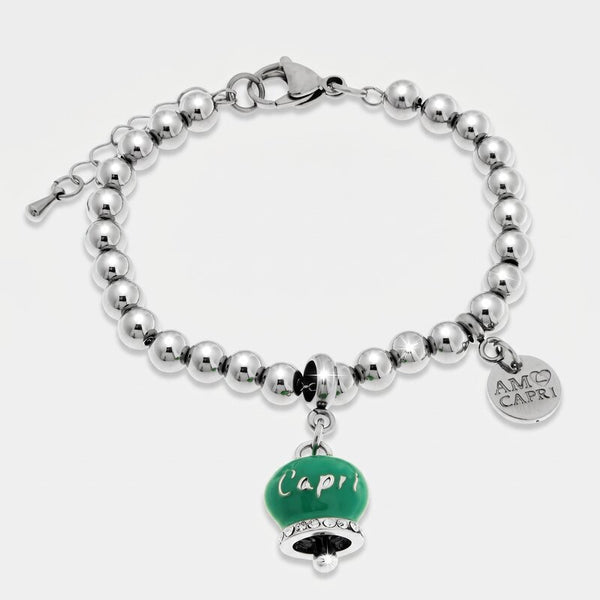 Bracciale in Acciaio Inossidabile campanella verde acqua con scritta Capri e zirconi | gioielli in acciaio inossidabile | BYSIMON