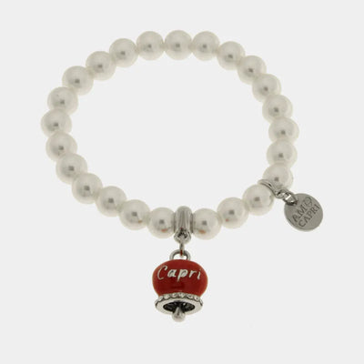 Bracciale in Acciaio Inossidabile con perle e campanella rossa con scritta Capri | gioielli in acciaio inossidabile | BYSIMON