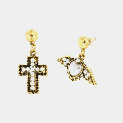 Orecchini in Metallo croce e cuore pendenti, brunite, arricchite da perline