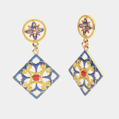 Orecchini in Metallo con maiolica a fiore smaltata blu giallo e rosso - BYSIMON gioielli