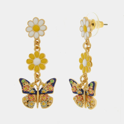 Metal earrings with colored butterfly and daisies