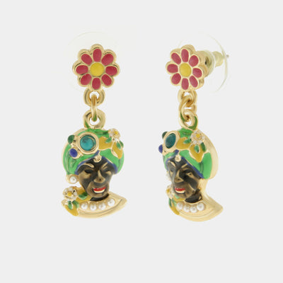 Green Moor's Head and Flower Metal Earrings