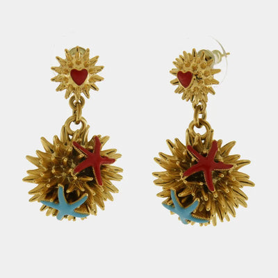 Metal earrings with heart and sea urchin and starfish