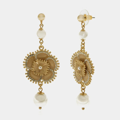 Metal earrings with hanging flower and white pearl