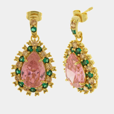 Orecchini in Metallo goccia rosa con zirconi verdi