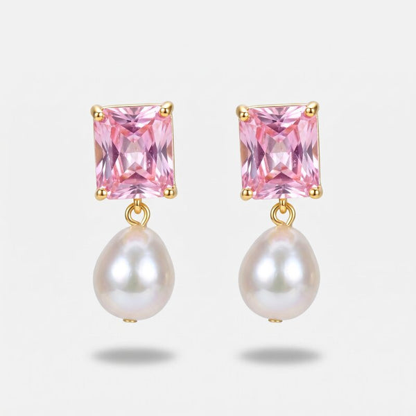 Orecchini in Metallo con perla pendente e cristalli rosa a lobo - BYSIMON gioielli