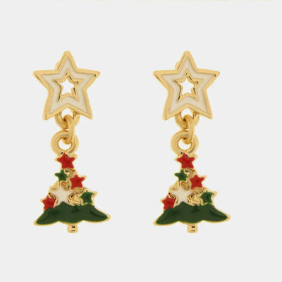 Metal Christmas tree and white star earrings