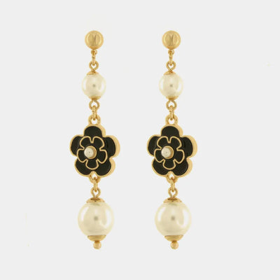 Orecchini in Metallo pendenti con pietre bianche e fiori smaltati neri