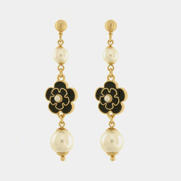 Orecchini in Metallo pendenti con pietre bianche e fiori smaltati neri - BYSIMON gioielli