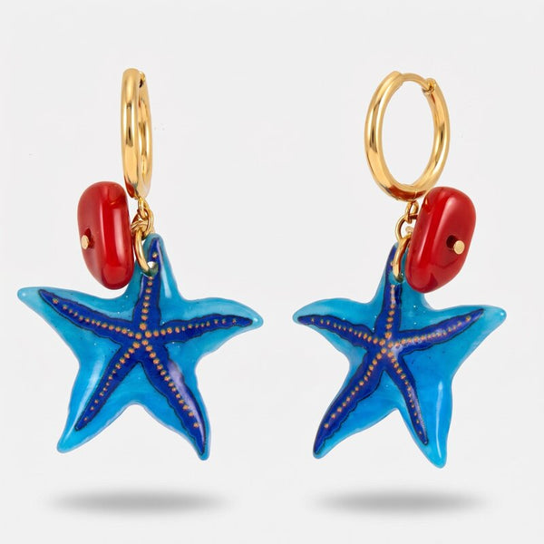 Orecchini in Metallo a forma di stella marina blu e pietre rosse BYS - gioiello BySimon