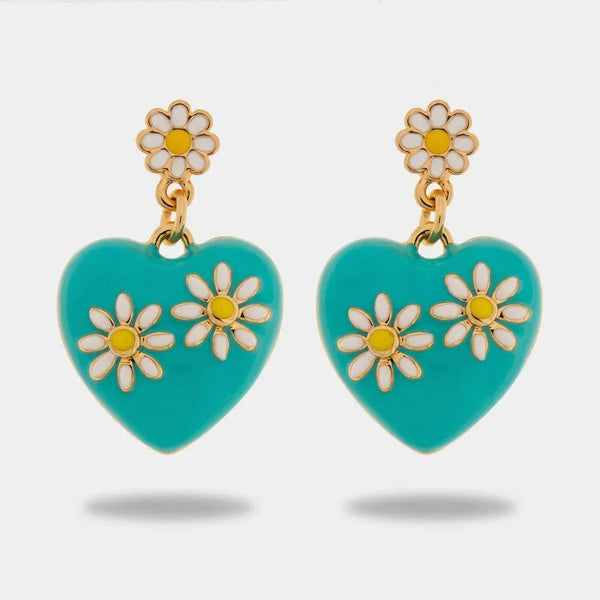 Orecchini in Metallo cuore smaltato turchese margherite dorate floreale donna Capri