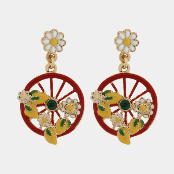 Orecchini in Metallo ruota rossa con limoni e fiori - BYSIMON gioielli