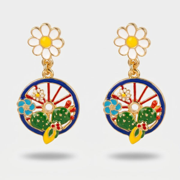 Orecchini ruota siciliana blu con fico d'india | gioielleria sicilia | BYSIMON