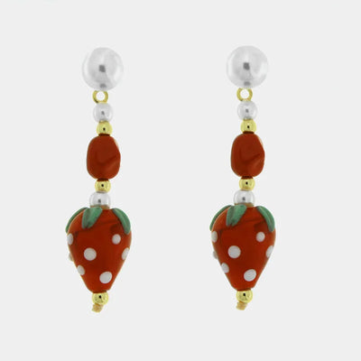 Orecchini in Metallo con fragole rosse pendenti Art Glass Stone
