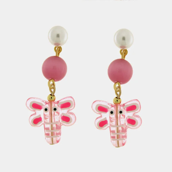 Orecchini in Metallo con Art Glass Stone libellula rosa pendente - BYSIMON gioielli