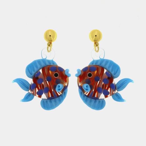 Orecchini in Metallo con Art Glass Stone pesce azzurro pendente multicolor veneziano - BYSIMON gioielli