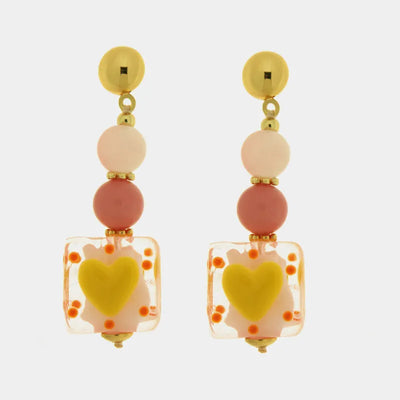 Orecchini in Metallo con Art Glass Stone perle giallo arancio e cuori gialli