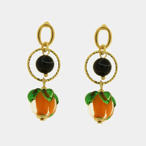 Orecchini in Metallo con sfere nere e arancio pendenti - BYSIMON gioielli
