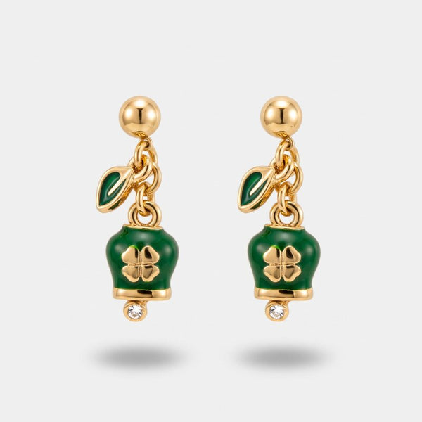 Orecchini in Metallo pendenti con campanella con quadrifoglio portafortuna verde CAPRI - gioiello BySimon