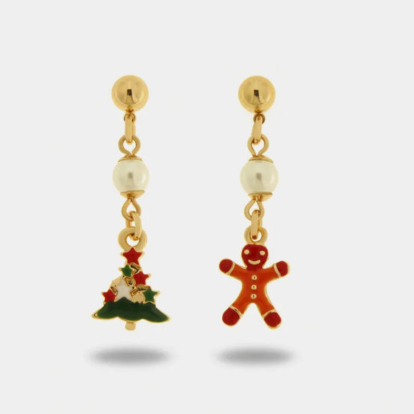 Orecchini in Metallo asimmetrici lunghi albero di natale e omino pan di zenzero