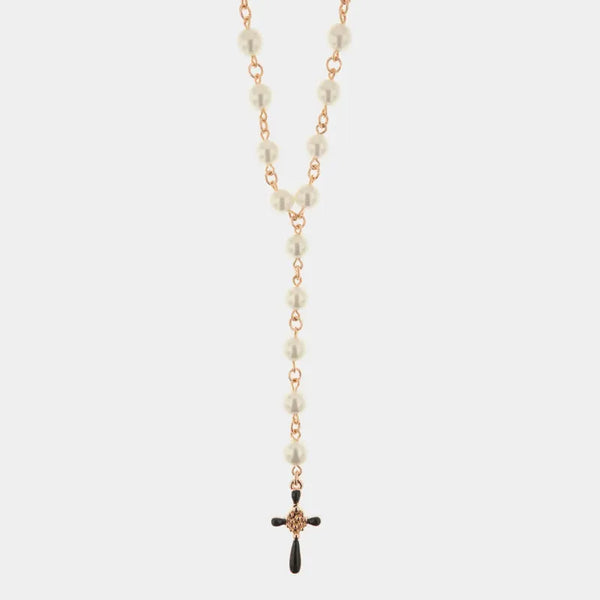 Collana in Metallo con perle bianche impreziosite da croce con cristalli neri
