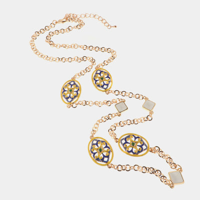 Collana in Metallo cristalli bianchi con dettagli in maiolica a fiore con smalti colorati - BYSIMON gioielli