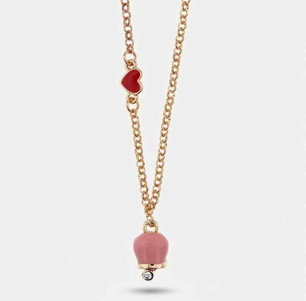 Collana in Metallo con cuore rosso e campanella portafortuna pendente rosa, impreziosita da punto luce - BYSIMON gioielli