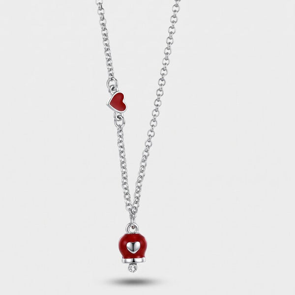 Collana in Metallo con dettaglio cuore rosso e campanella portafortuna rossa con cuore centrale e cristalli bianchi - BYSIMON gioielli