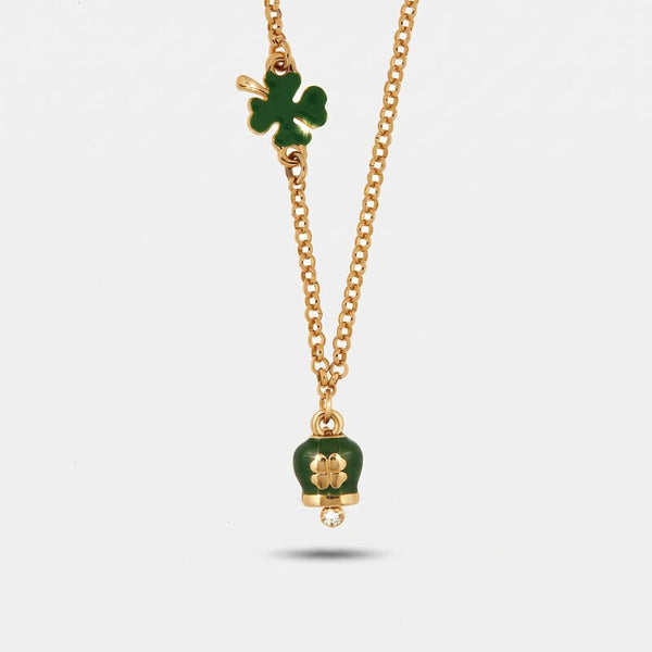 Collana in Metallo con cuore e campanella portafortuna verde con quadrifoglio - BYSIMON gioielli