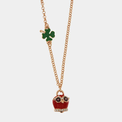 Collana in Metallo con quadrifoglio e campanella portafortuna a gufo con smalto rosso e cristalli bianchi - BYSIMON gioielli