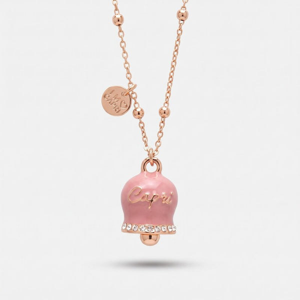 Collana in Metallo con campanella grande rosa e scritta Capri impreziosito da cristalli bianchi
