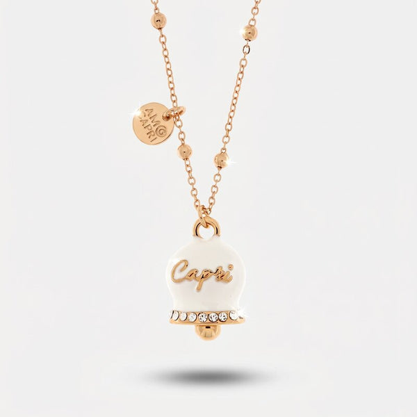 Collana in Metallo con campanella grande bianca e scritta Capri impreziosito da cristalli bianchi