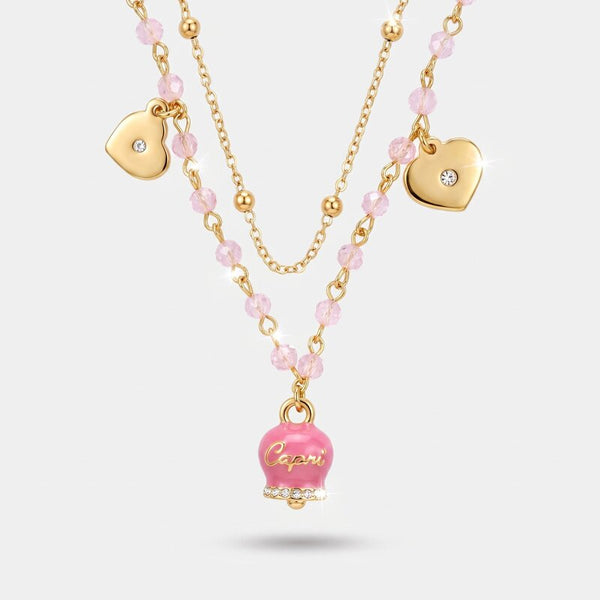 Collana in Metallo con campana smaltata rosa e cuoricini pendenti