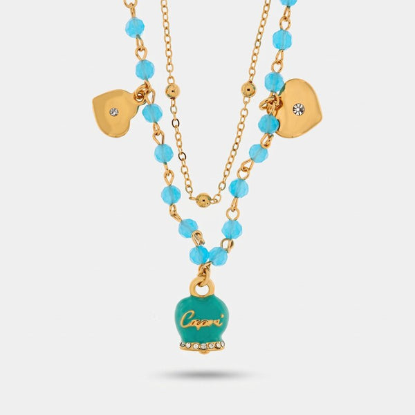 Collana in Metallo con campana smaltata turchese e cuoricini pendenti