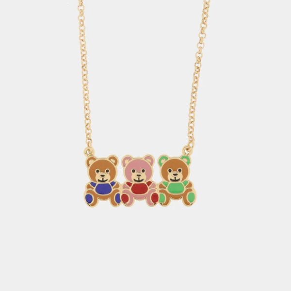 Metal necklace with three colored teddy bears