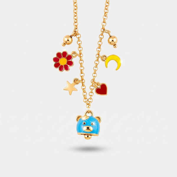 Collana in Metallo con campanella a forma di orsetto blu e piccola margherita, luna e cuore