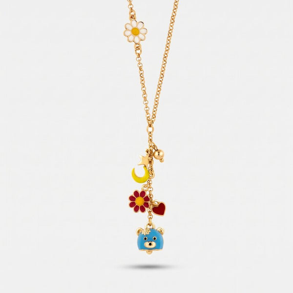 Collana in Metallo con campanella a forma di orsetto blu e piccola margherita, luna e cuore