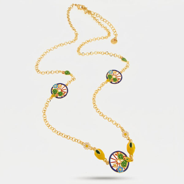 Collana in Metallo con ruote blu impreziosita da cactus, limoni e fiori - BYSIMON gioielli