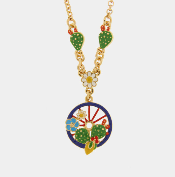 Collana in Metallo con ruota blu impreziosita da cactus, limoni e fiori - BYSIMON gioielli