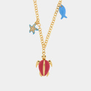 Metal Necklace with Red Turtle, Fish and Starfish