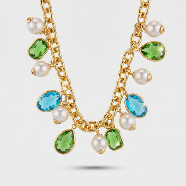 Collana in Metallo con cristalli blu e verdi e perle sintetiche - BYSIMON gioielli